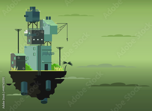 Vector illustration of a dystopian industrial town on a floating island against the toxic green sky background. Fantasy dieselpunk concept art.