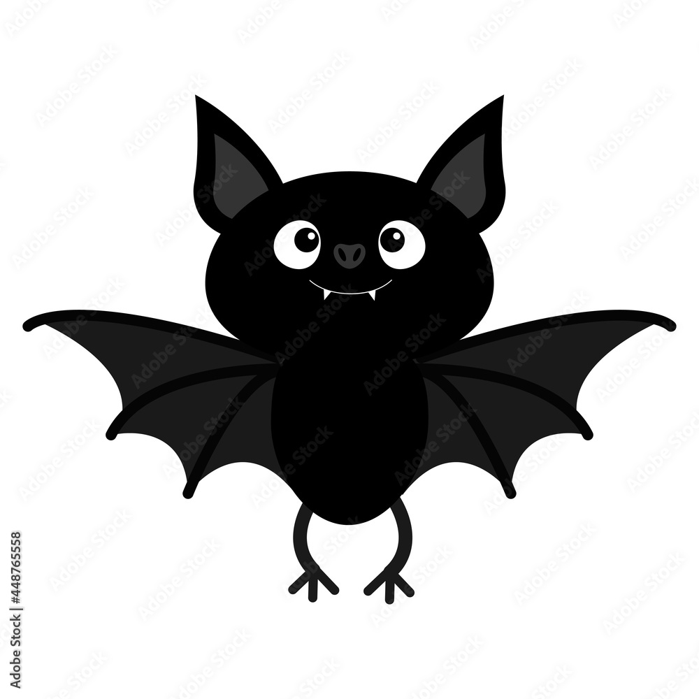 Fototapeta premium Cute flying bat. Happy Halloween. Cartoon kawaii funny baby animal charater. Greeting card. Flat design. White background. Isolated.