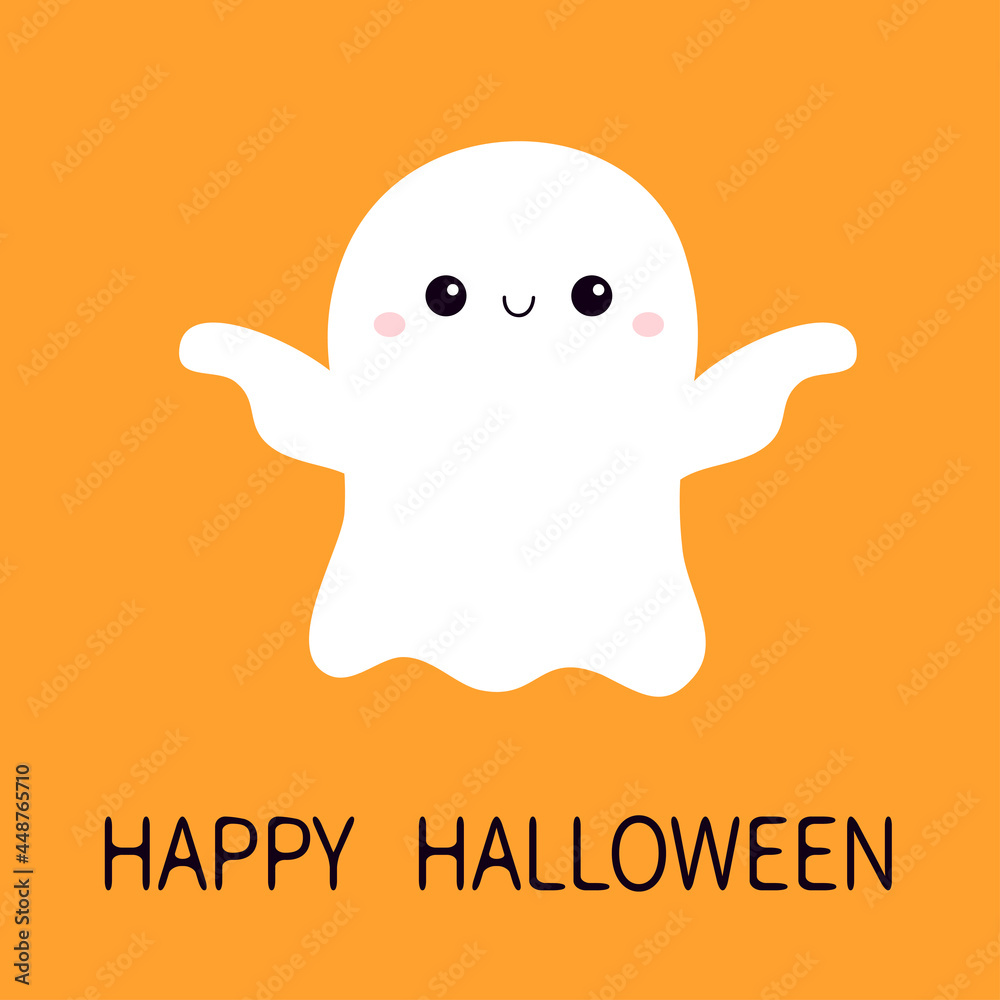 Flying ghost spirit with hands. Happy Halloween. Scary white ghosts. Cute cartoon spooky character. Smiling face. Greeting card. Orange background. Isolated. Flat design.