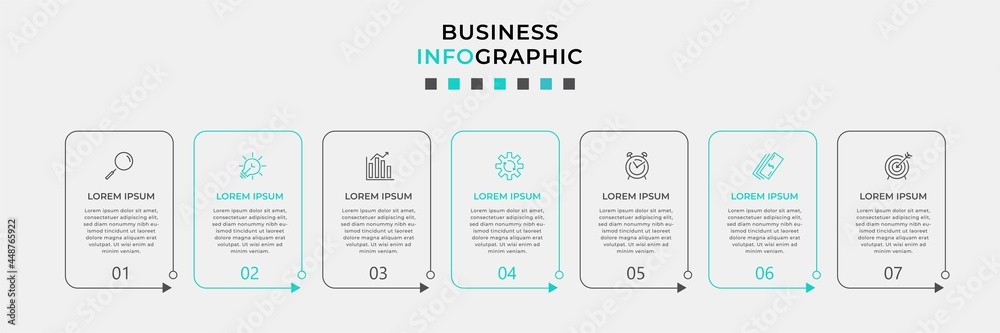 Vector Infographic design business template with icons and 7 options or steps. Can be used for process diagram, presentations, workflow layout, banner, flow chart, info graph Vector Infographic design business template with icons and 7 options or steps. Can be used for process diagram, presentations, workflow layout, banner, flow chart, info graph