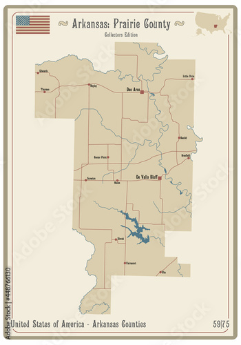 Map on an old playing card of Prairie county in Arkansas, USA.