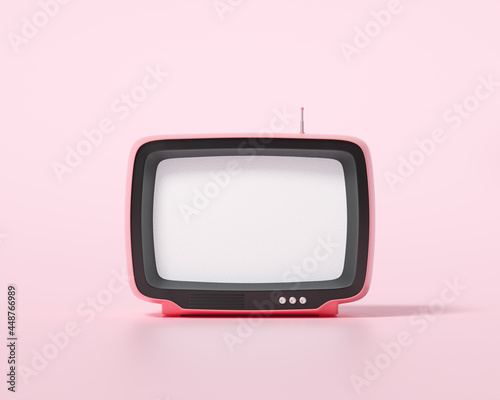 3d pink retro television on pink background, vintage old tv receiver, social media filter photo. 3d render illustration photo