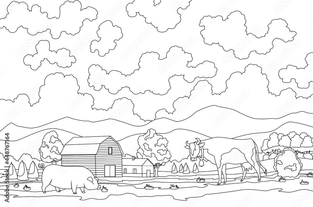 Coloring of eco farming. Meadow illustration eco natural farming concept. Ecological green farming. Cartoon  farm landscape. Field with farmers building and animal