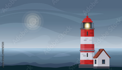 Lighthouse tower and small house on on the seashore . Beautiful seascape at dusk with lighthouse. Vector illustration
