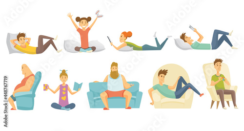 Collection of home leisure. Boys and girls rested at home in differint situations. Young people leisure time. Staying at home. Enjoyed leisure time alone