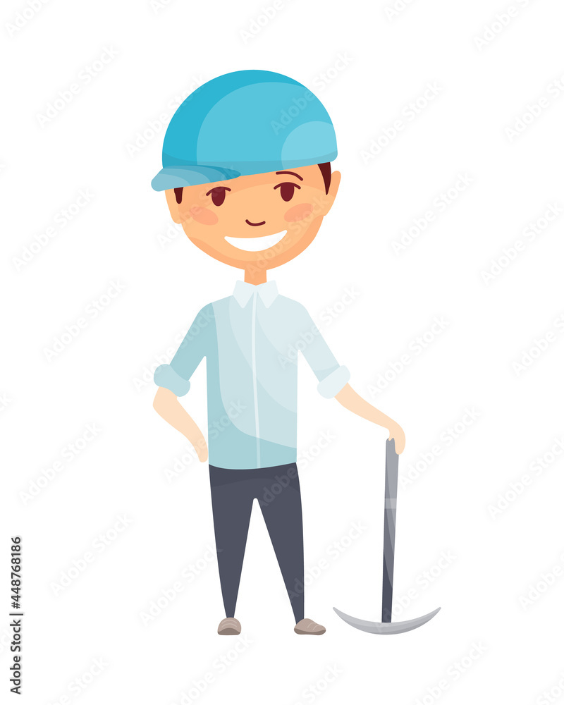 Kid builder. Little worker in helmet. Children with cpickaxe, making job. Working builder in blue helmet. Funny kid ready for repair work Kid builder. Little worker in helmet. Children with cpickaxe, making job. Working builder in blue helmet. Funny kid ready for repair work