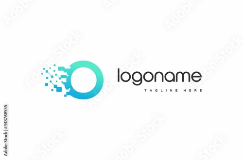 flying pixel logo letter O, pixel logo, technology logo, glitter technology logo