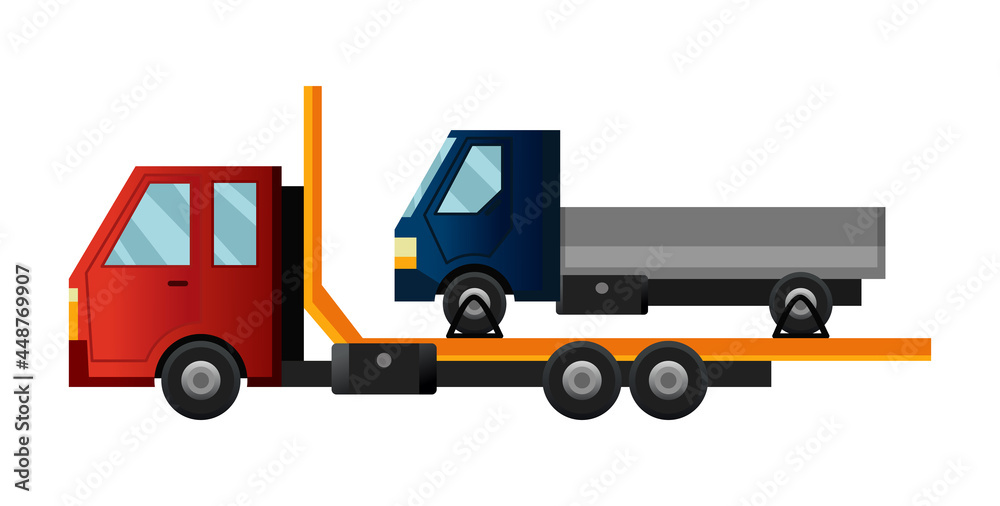 Tow truck. Cool flat towing truck with broken car. Truck repair service assistance vehicle with damaged or salvaged car