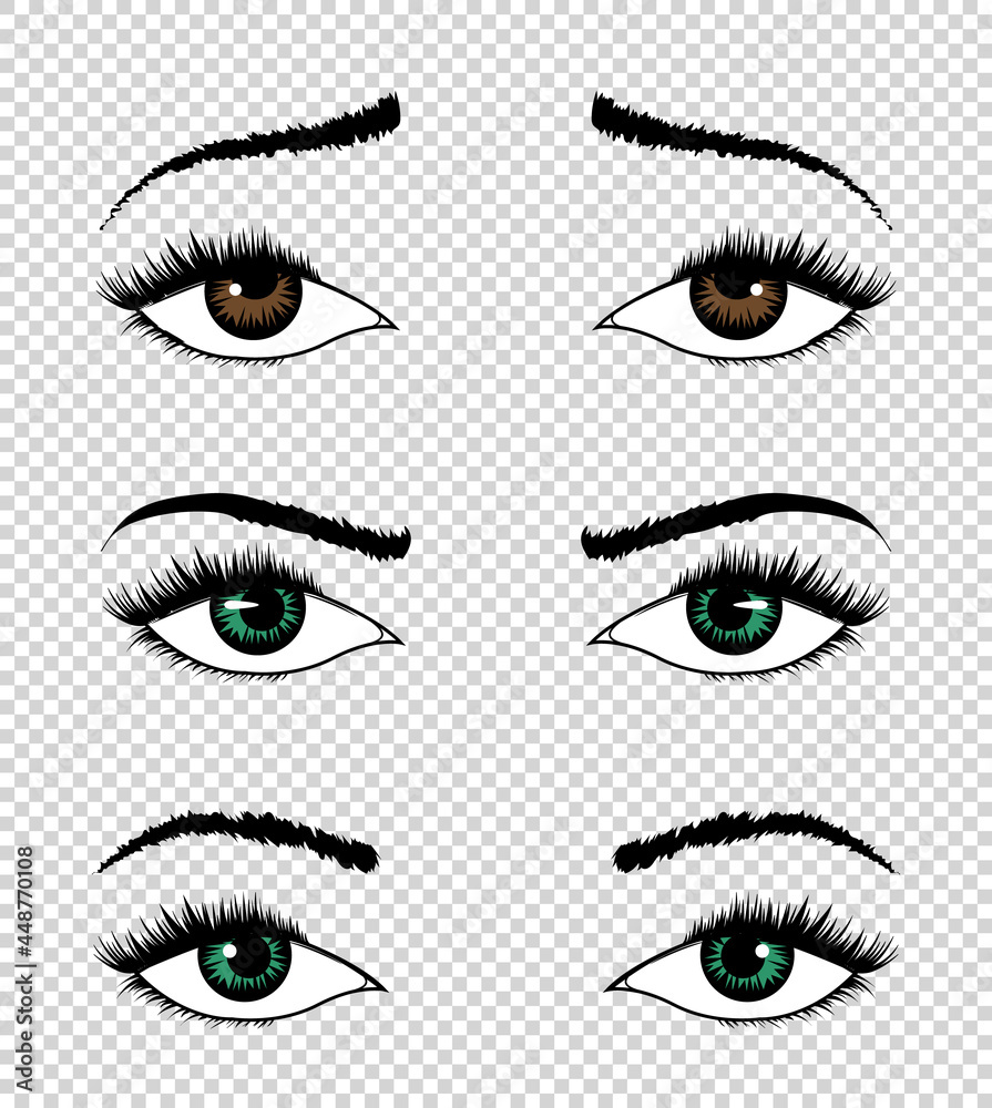 Collection of eyes. Hand drawn female luxury eye with perfectly shaped eyebrows and full eyelashes. The perfect look on transparent background. Health glamour design Collection of eyes. Hand drawn female luxury eye with perfectly shaped eyebrows and full eyelashes. The perfect look on transparent background. Health glamour design