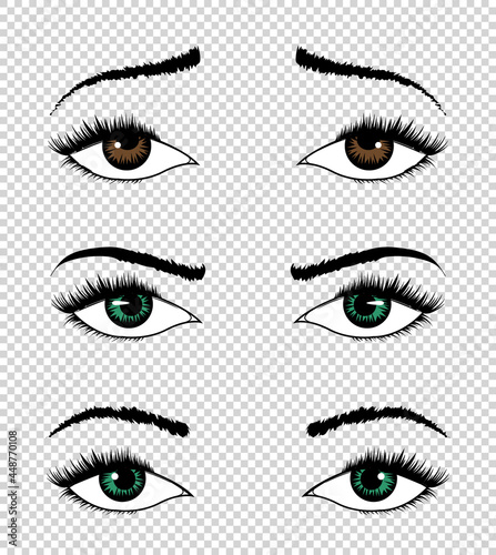 Collection of  eyes. Hand drawn female luxury eye with perfectly shaped eyebrows and full eyelashes. The perfect look on transparent background. Health glamour design