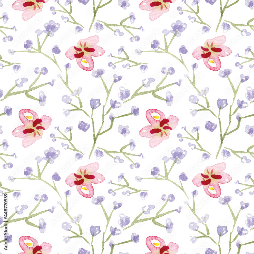 Watercolor seamless pattern with small flowers on white background.