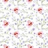 Watercolor seamless pattern with small flowers on white background.