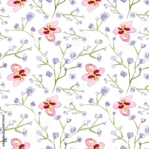 Watercolor seamless pattern with small flowers on white background. © Ruthenia Alba
