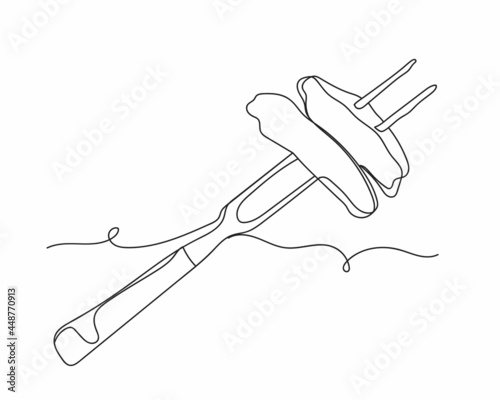Continuous one line of slices of beef steak on meat fork in silhouette on a white background. Linear stylized.Minimalist.
