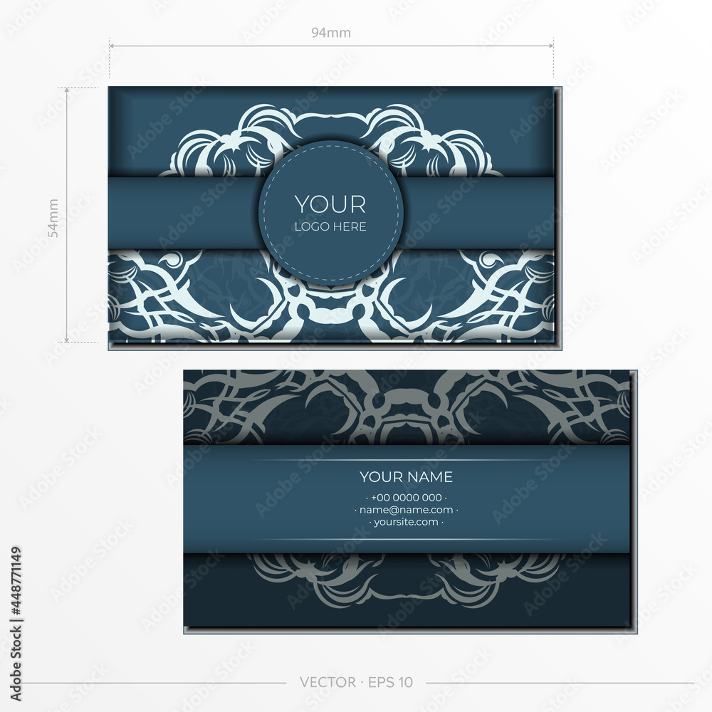 Business card template in Blue color with luxurious light ornaments. Print-ready business card design with vintage patterns.