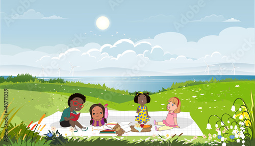 World book day with kids sitting reading book having picnic and playing in grass fields,Vector cute cartoon Schoolchildren relaxing outdoors on spring in Book week,Education concept