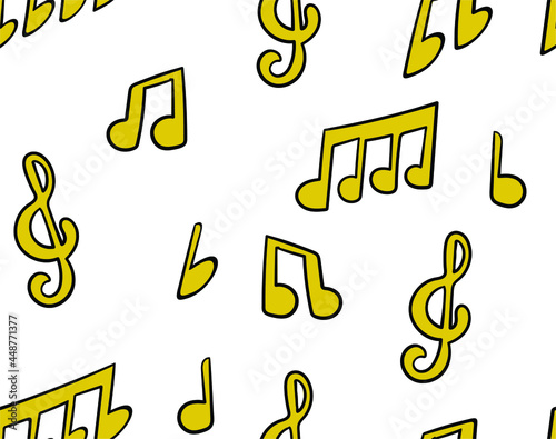 
Vector seamless pattern with hand drawn music notes in pop art and cartoon style. Background with signs of musical literacy. Print for paper and textiles