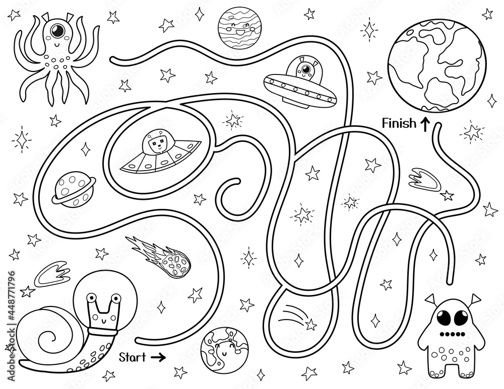 Help a cute snail astronaut find a way to the Earth. Black and white space maze for kids. Activity page with funny space character.  Mini game and coloring page. Vector illustration