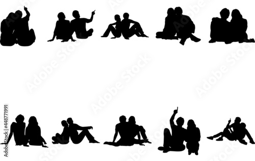 Couple Sitting Floor Beach Silhouette Vector