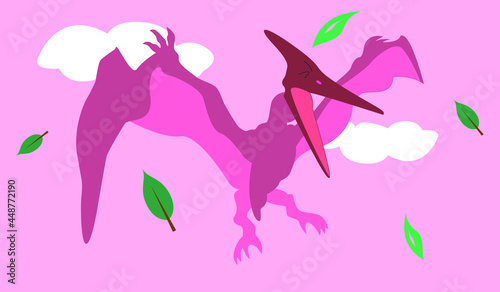 Pink Pteranodon is flying on the pink sky. pink dinosaur