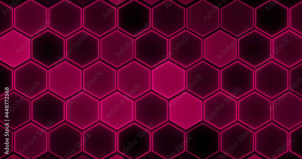 The black hexagons glow with magenta light. Geometric abstract pattern. Beautiful decorative screensaver, background. The black hexagons glow with magenta light. Geometric abstract pattern. Beautiful decorative screensaver, background.