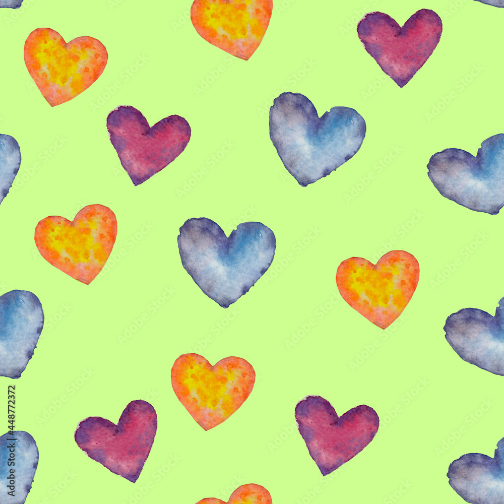 Watercolor hand drawn artistic hearts patterns, multicolor hearts, decorative hearts,  light green background