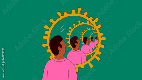 Man looking at repeated reflection in coronavirus mirror photo