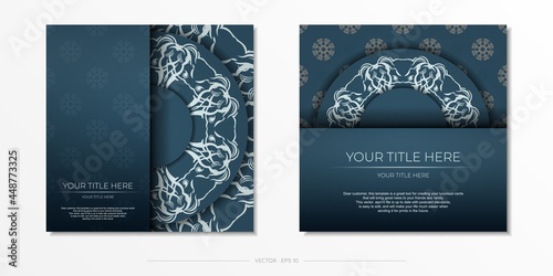 Square Preparing a blue postcard with a luxurious light ornament. Vector Template for printing design invitation card with vintage patterns. © Javvani