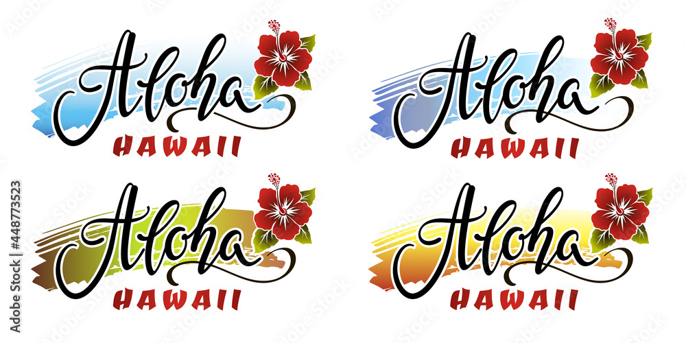Set of aloha hawaii lettering inscriptions with red hibiscus flower. - obrazy, fototapety, plakaty 