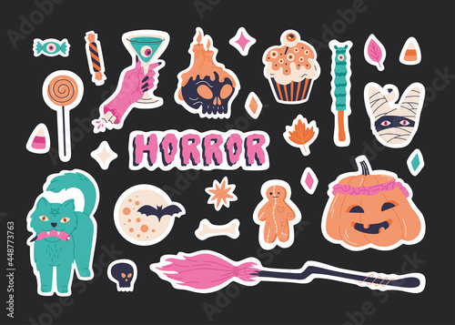 Halloween stickers set elements, hand drawn scary illustration. Cute badge collection with pink broom, spooky pumpkin, mummy and horror calligraphy. Creepy holiday symbols. Vector template background