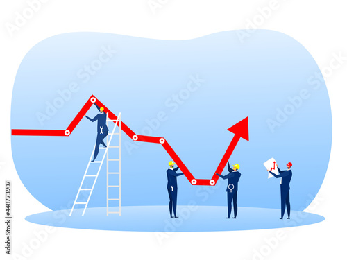 Businessman group holding decreasing chart graph arrow up with with tool wrench concept