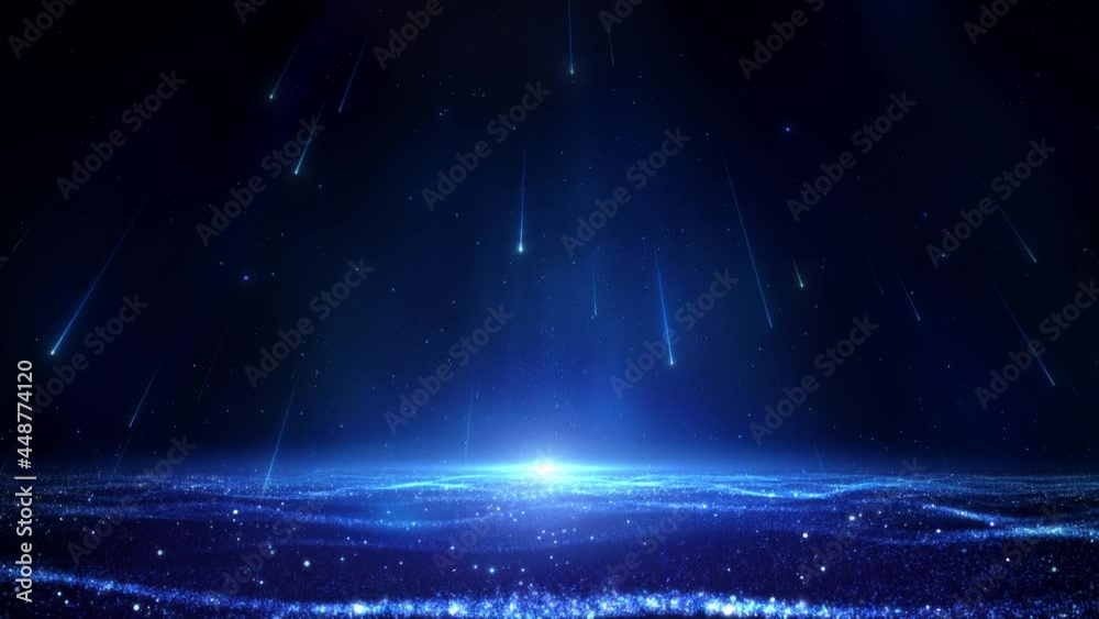 Blue meteor shower falls down with particles, converging into a twinkling ocean wave; An elegant and deep abstract stage background
