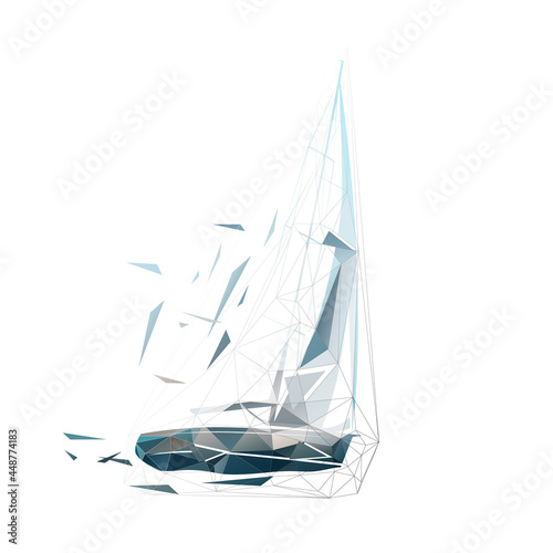 Sailing yacht, isolated vector low polygonal illustration, geometric drawing from triangles. Regatta