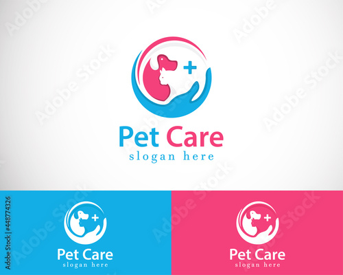 pet care logo creative hand medical illustration vector dog and cat animal health