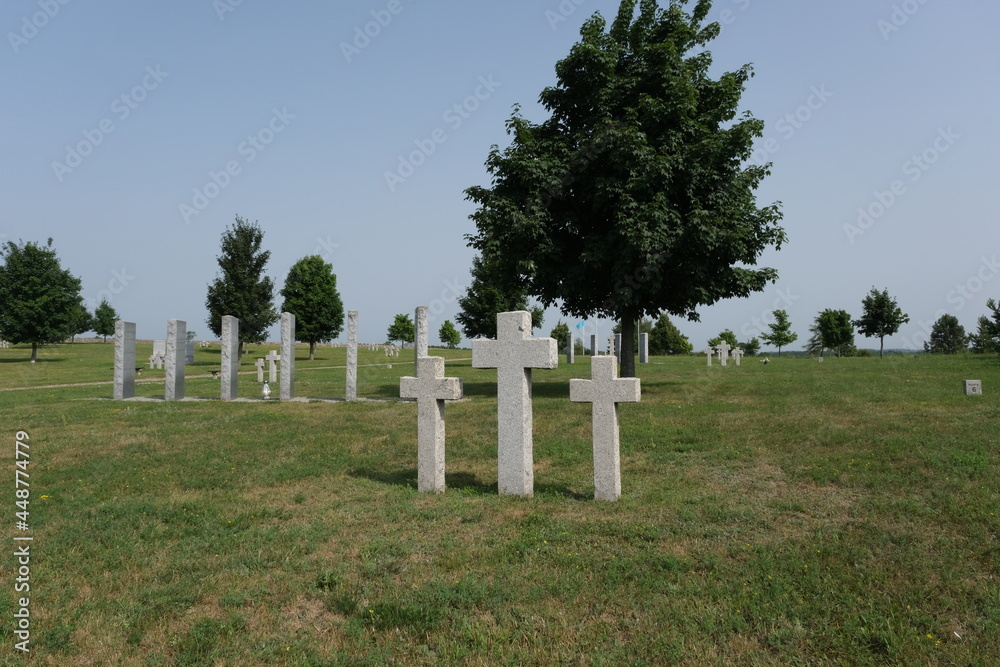 Elk, Bartosze, Poland - July 16, 2021: German Cemetery, First and Second World War memorial site. Summer sunny day