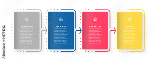 Business infographic template design with icons and marketing icons. Timeline processes with 4 options or steps. Vector illustration.