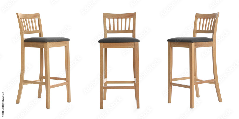 Set with stylish bar stools on white background. Banner design Set with stylish bar stools on white background. Banner design