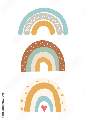 Boho rainbow poster for nursery design. Vector Illustration. Kids illustration for baby clothes, greeting card, wrapping paper.