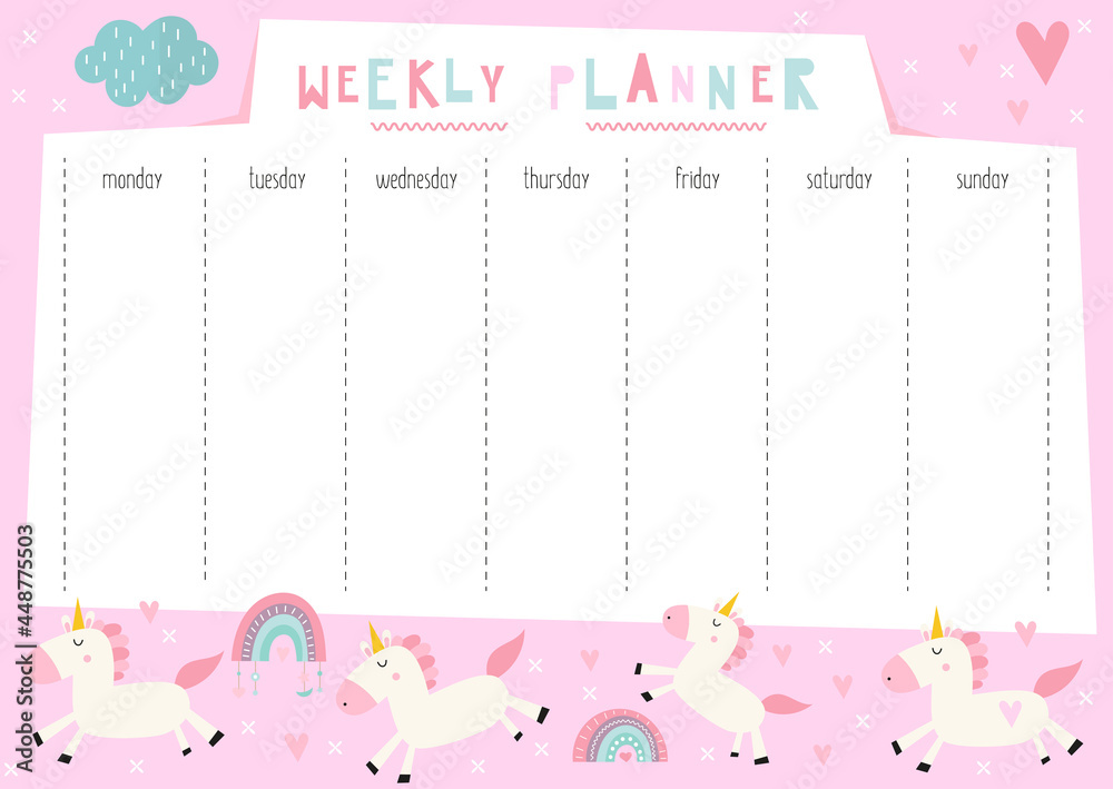 Kids weekly planner, daily planner with cute unicorns. Printable kids stationery. Vector illustration.