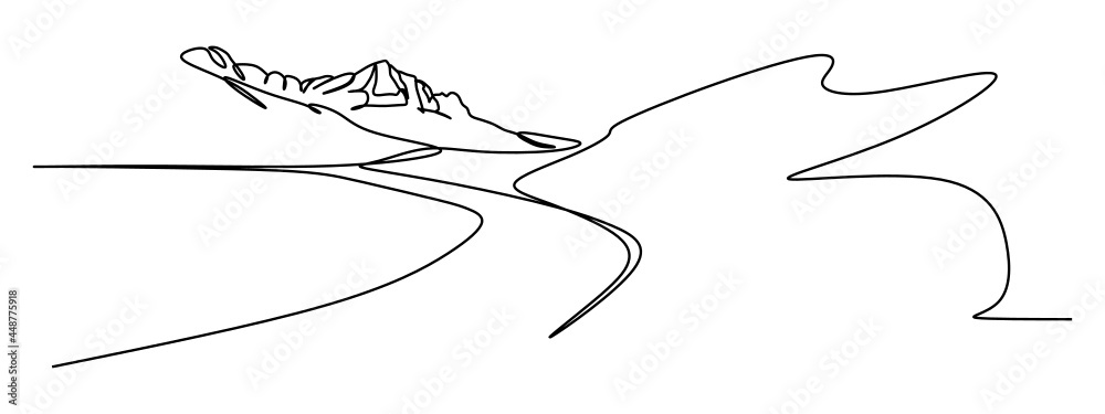 Continuous single line drawing of a mountain and river nature landscape. Simple design for promotion media Continuous single line drawing of a mountain and river nature landscape. Simple design for promotion media
