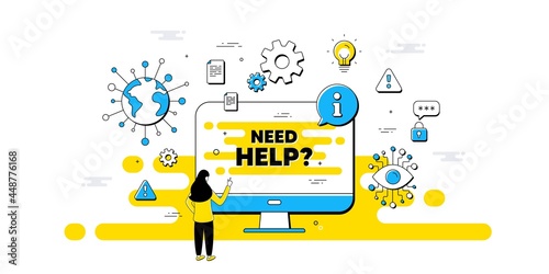 Need help text. Internet safe data infographics. Support service sign. Faq information symbol. Need help information message. Isolated AI privacy banner. Vector