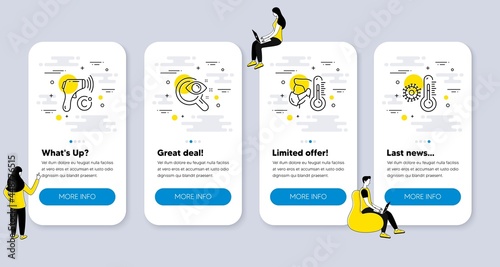 Set of Medical icons, such as Electronic thermometer, Vision test, Sick man icons. UI phone app screens with people. Thermometer line symbols. Temperature scan, Eyesight check, Temperature. Vector