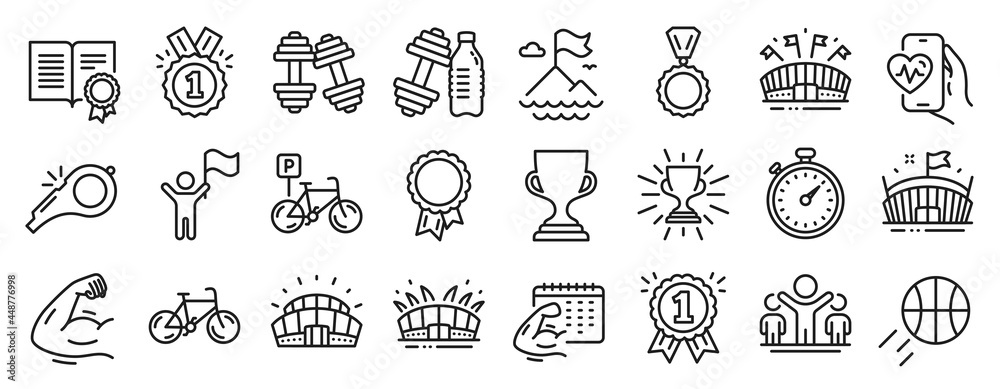 Set of Sports icons, such as Fitness calendar, Bicycle, Leadership icons. Winner, Bicycle parking, Mountain flag signs. Dumbbell, Arena stadium, Sports arena. Cardio training, Diploma. Vector