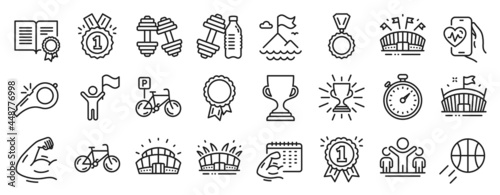 Set of Sports icons  such as Fitness calendar  Bicycle  Leadership icons. Winner  Bicycle parking  Mountain flag signs. Dumbbell  Arena stadium  Sports arena. Cardio training  Diploma. Vector