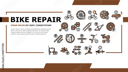 Bike Repair Service Landing Web Page Header Banner Template Vector. Complex Bike Repair And Setting, Research And Fix Broken Details, Cogset And Pedals Replacement Illustration
