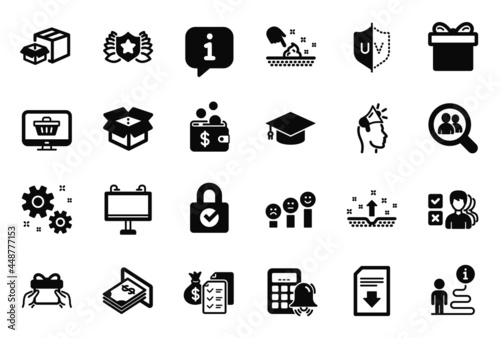 Vector Set of simple icons related to Customer satisfaction, Uv protection and Laureate icons. Download file, Packing boxes and Web shop signs. Accounting wealth, Work and Calculator alarm. Vector