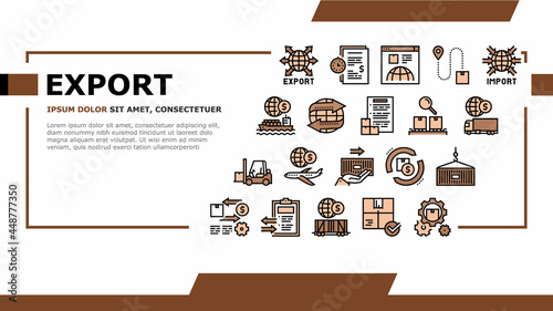 Export Import Logistic Landing Web Page Header Banner Template Vector. Export And Import Airplane And Truck, Train And Ship Transportation, Conveyor And Container Illustration