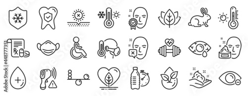 Set of Healthcare icons, such as Face declined, Weather thermometer, Dental insurance icons. Dumbbell, Organic tested, Balance signs. Thermometer, Conjunctivitis eye, Myopia. Clean skin. Vector