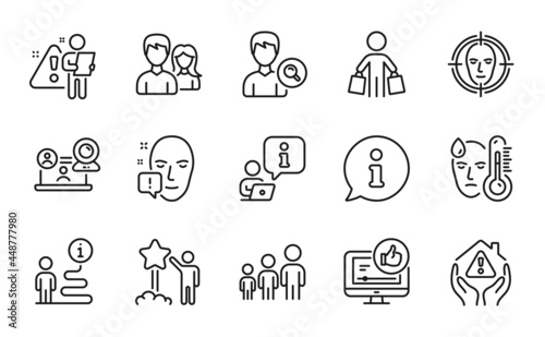 People icons set. Included icon as Buyer, Video conference, Search people signs. Like video, Star, Face detect symbols. Fever, Business hierarchy, Couple. House protection, Search employee. Vector