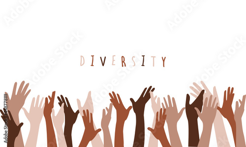 Rising of hands in colors. Vector illustration concept of diversity of people, difference color skins. 